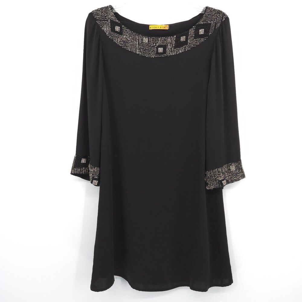 Alice + Olivia black silk beaded cocktail mini dress Size M party‎ New year